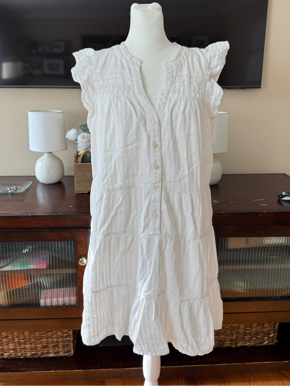 LOFT White Tiered Button-Front Mini Dress